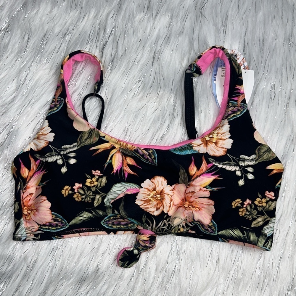 Bingo Surf size Medium Black Floral Knot Front Bikini Top